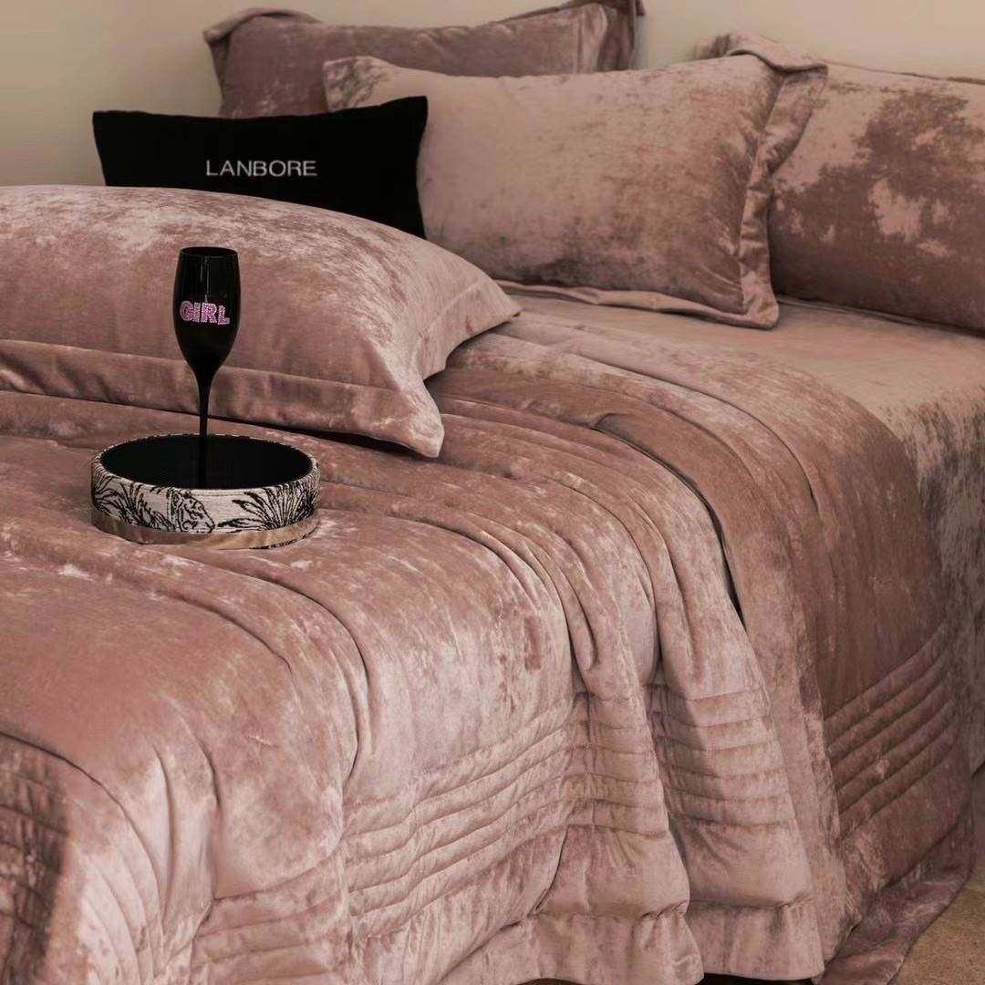 简床约风鎏金QMY丝绒被绗缝夹棉品厚希绒加保暖四件套家腊纺