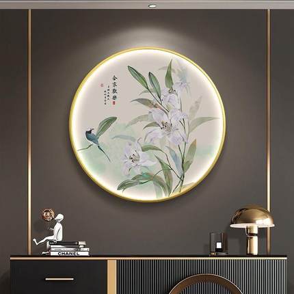新中式丹花圆形饰画带灯开富贵过牡道关装装玄饰画餐ZHH厅书房壁