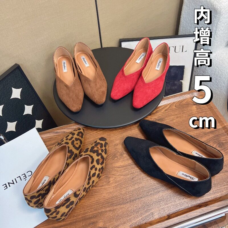 香港尖头豹纹内增高5cm单鞋绒面法式通勤两穿平底单鞋瓢鞋奶奶鞋