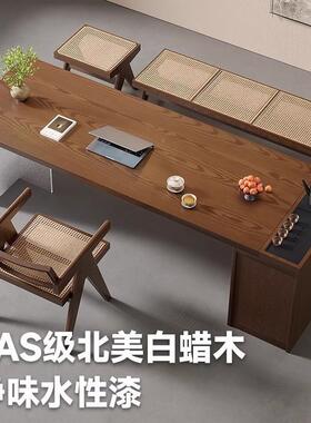 北美白木代办公桌茶桌一体两家用现LSK简约用客厅实木蜡泡茶台全
