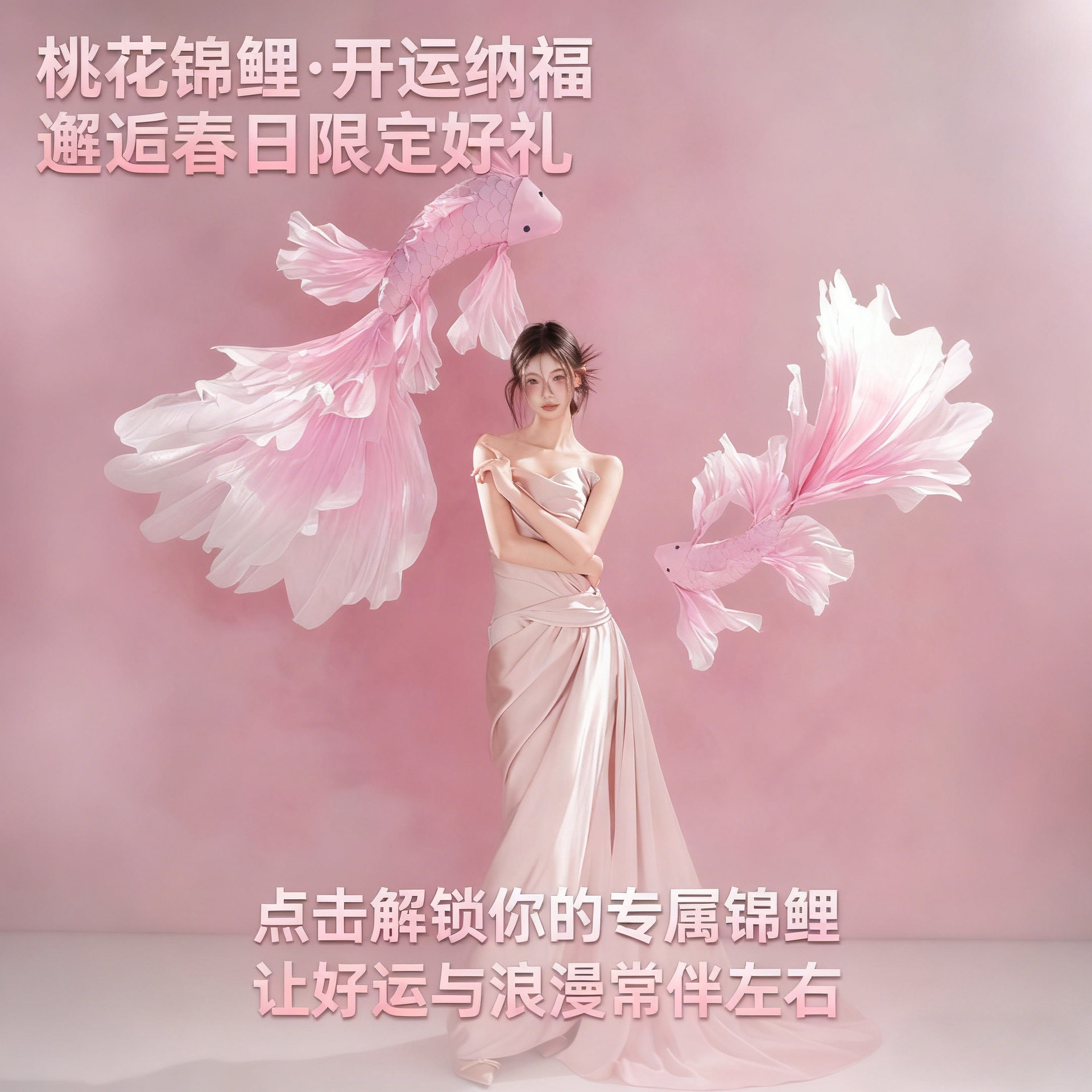 桃花粉色锦鲤网纱金鱼春日氛围布置仿真拍照影楼摄影道具写真梦幻