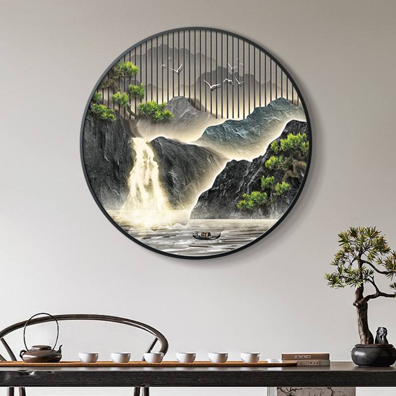 新中式入户门玄关装饰画流水生财圆形山水挂画寓意好走廊过道壁画图片