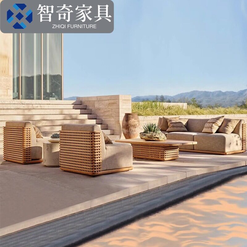 柚木户外沙发别墅酒店实木客厅藤编沙发组合庭院露台防水防晒家具