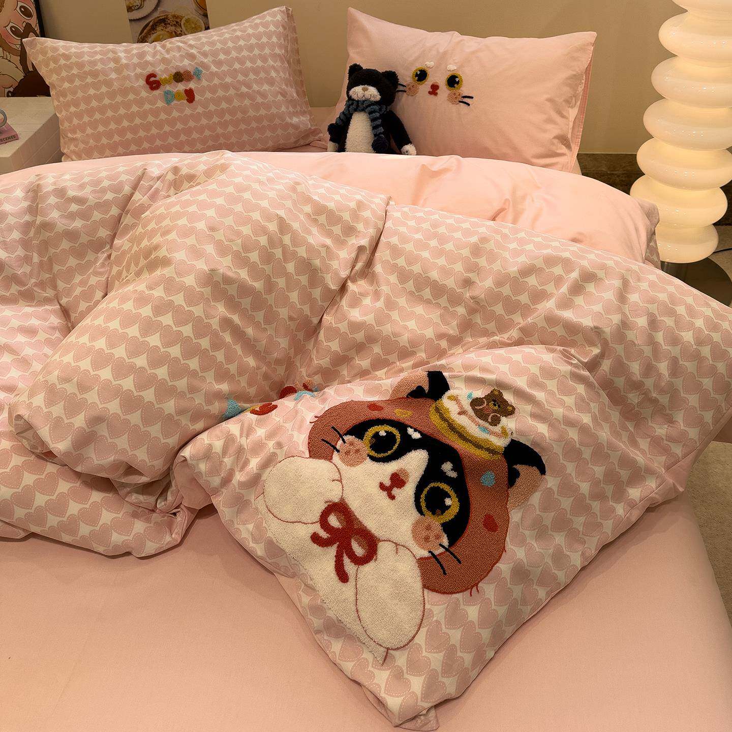 四可爱咪全棉751毛巾绣三床上件套100纯棉女孩被套床单人宿舍件套