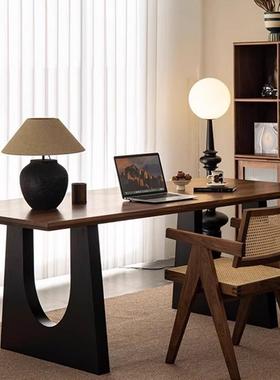 实书桌胡桃木色客厅大长餐桌工作台大板餐桌一体木议ILY书办会公