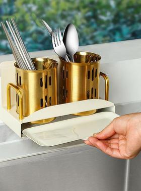 款家用壁挂免新打孔筷子筒沥水架子圆筒不锈子钢厨房筷91968勺置