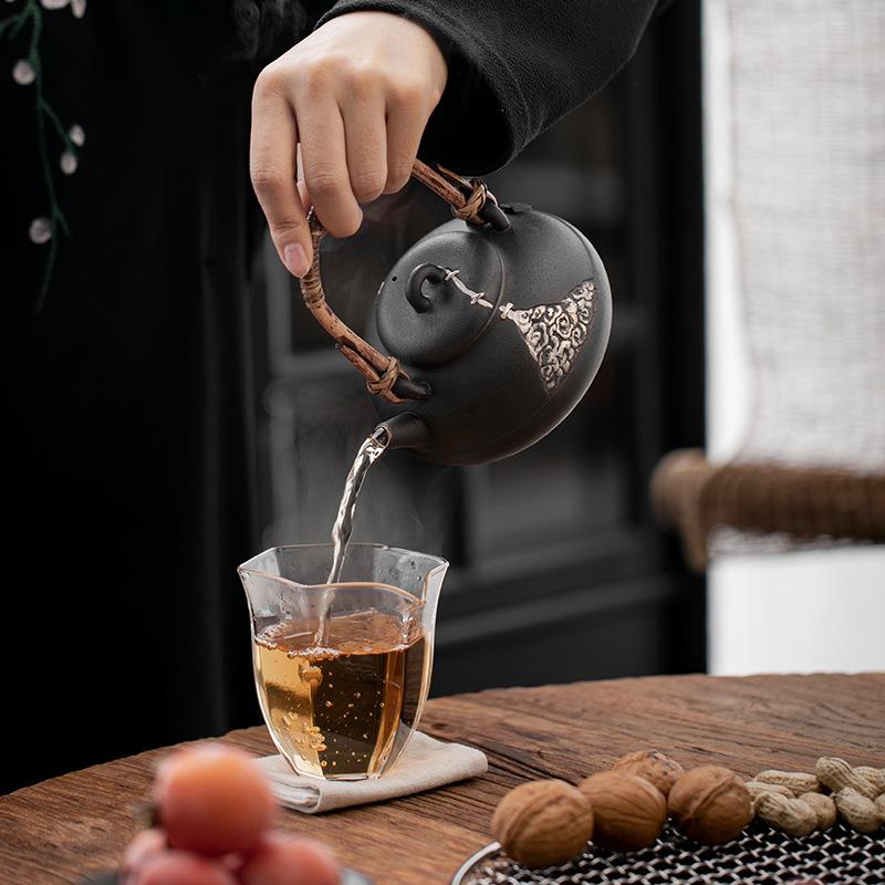 复古陶瓷提梁围炉壶174煮茶器家用电炉酒精煮茶过陶滤壶粗陶单壶