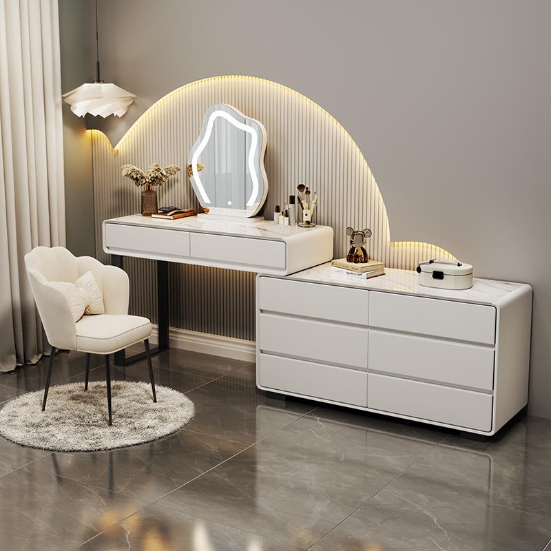 202新款实5木岩板卧室梳化妆969台现代油简约奶风妆台一体斗柜化