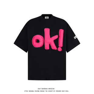 SKAY美式复古夏季新款重磅立体OK短袖T恤男女情侣宽松半袖上衣T