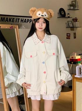 做梦特长生 原创设计粉色小碎花牛仔外套女秋宽松百搭上衣新款