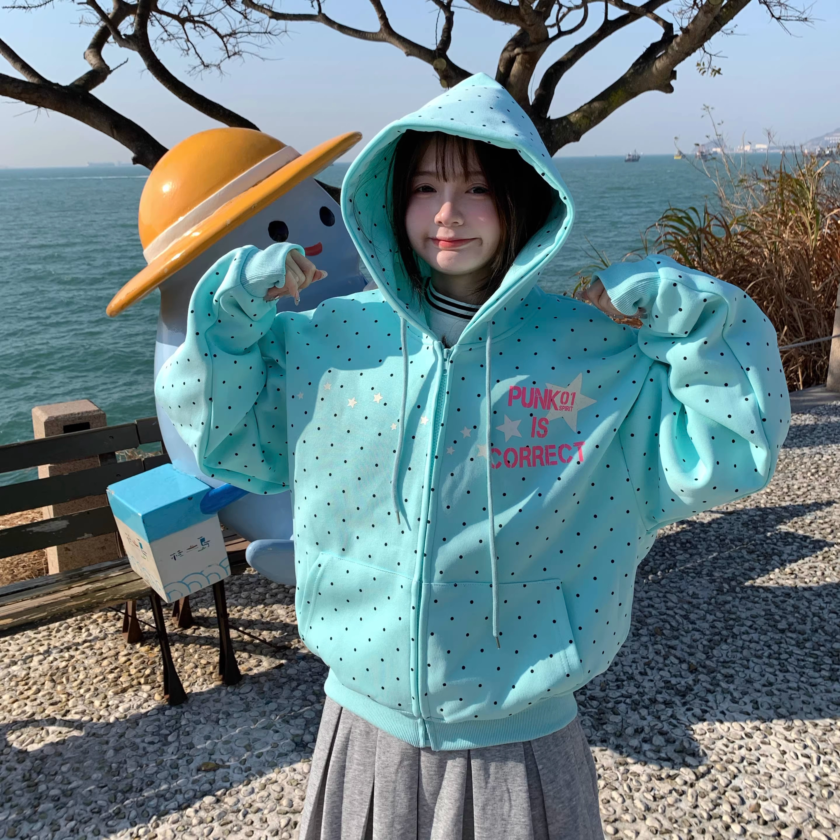 R1DGE美式波点星星连帽长袖开衫卫衣男女宽松休闲百搭慵懒外套