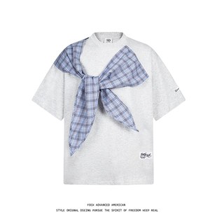 亿万少年BUFU美式高街格子拼接蝴蝶结短袖T恤男女夏季情侣宽松tee