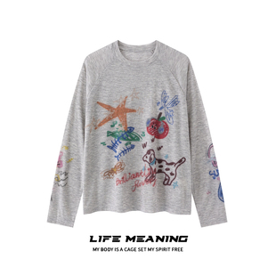 LIFE MEANING美式复古涂鸦印花防晒罩衫秋长袖t恤薄款慵懒风上衣