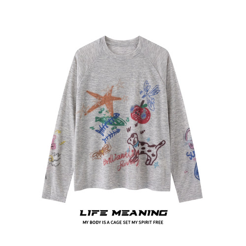 LIFE MEANING美式复古涂鸦印花防晒罩衫秋长袖t恤薄款慵懒风上衣