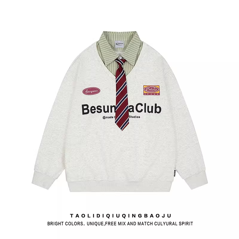 美式学院风领带假两件卫衣女潮牌宽松2025新款情侣慵懒POLO领上衣