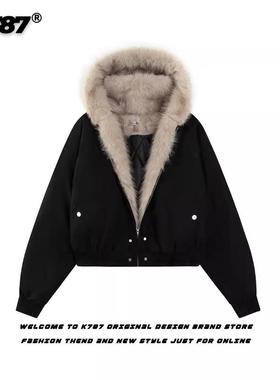 K787座山雕国潮美式复古棉服外套夹棉加绒水洗厚毛领连帽短款棉衣