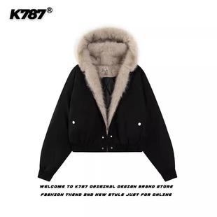 K787座山雕国潮美式复古棉服外套夹棉加绒水洗厚毛领连帽短款棉衣