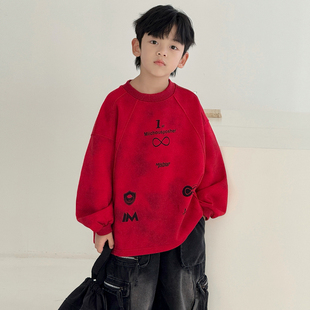 春装 男童春季 卫衣红色内搭2026春秋新款 中大童装 痞帅潮 儿童打底衫