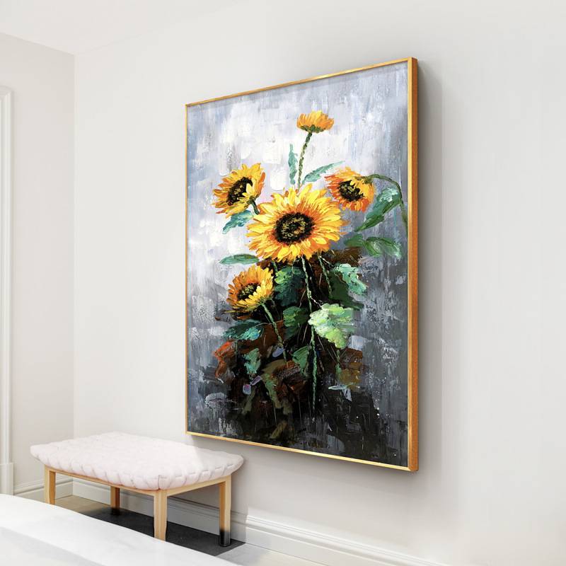 手绘抽象油画挂画现代简约走廊玄关花卉壁画手工立体向日葵装饰画图片