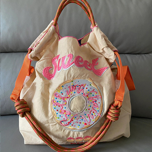 日系ball 甜甜圈环保袋购物袋大容量帆布通勤斜挎包 chain刺绣新款