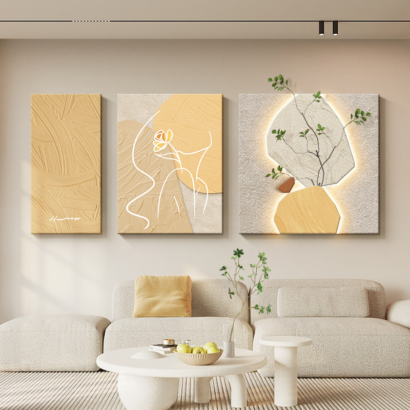 速发背油风客厅装饰画抽象人物沙发奶景墙挂画石来运转三联画立体