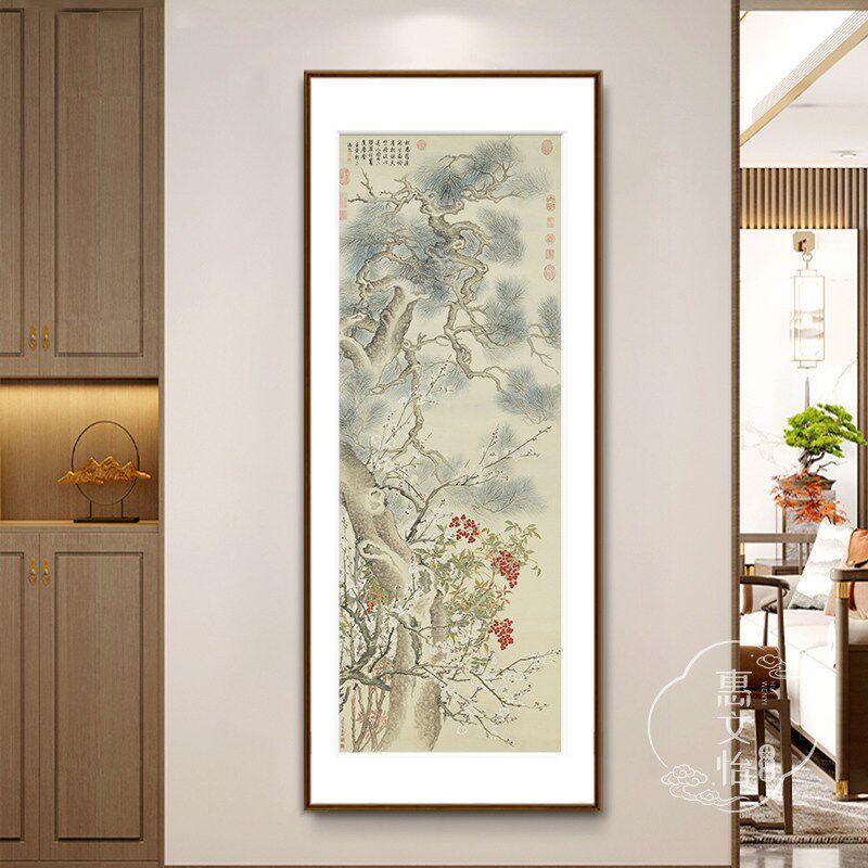 速发《岁寒三益》入户玄关客厅风松竹梅花工笔画中式走廊装饰挂画