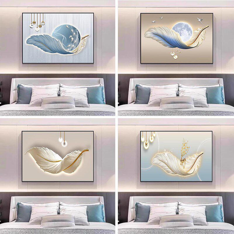 速发羽毛床头装饰感高级画艺墙卧室背景术画单幅主卧壁画酒店房间