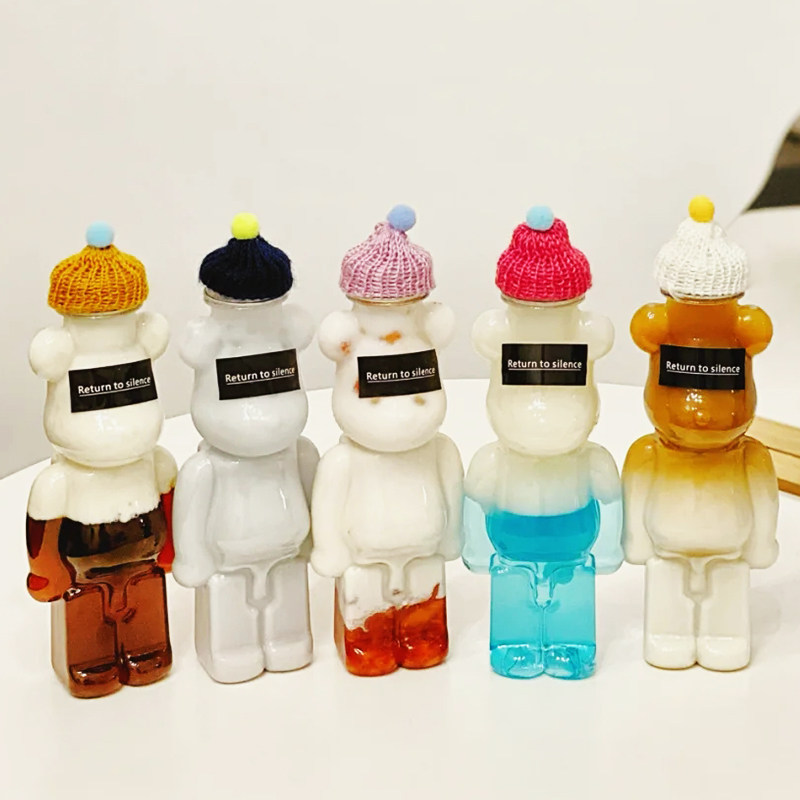 速发PET塑料密封奶茶杯熊造型 溅盖外带容器商用400ml