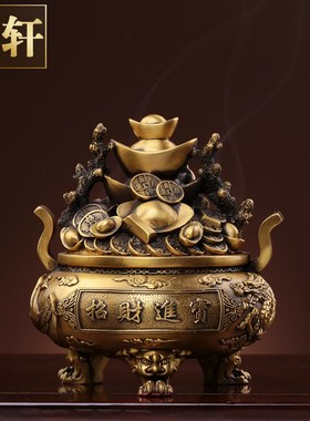速发纯黄店聚宝盆香炉摆件五路财神摆存钱罐鼎件招财聚财铜铺开业
