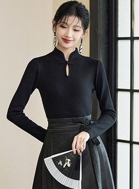 速发国风上马面裙的长衣黑色配袖内搭针织打底衫盘扣新中式t恤