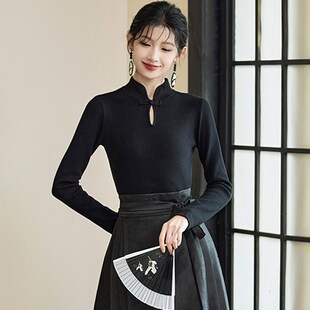 速发国风上马面裙的长衣黑色配袖内搭针织打底衫盘扣新中式t恤
