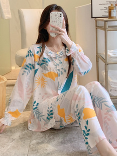 速发春秋款长袖棉绸睡衣夏天薄款开衫套装人棉造学生家居服