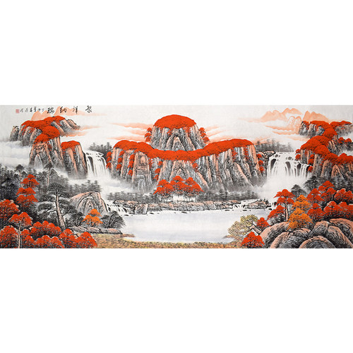 背有靠山招财聚宝盆挂画纯手工山水画国画客厅办R公室酒店横版大