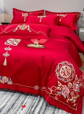 高档新中式婚庆100S长绒棉大红色双喜刺绣M结婚被套四件式牀组牀