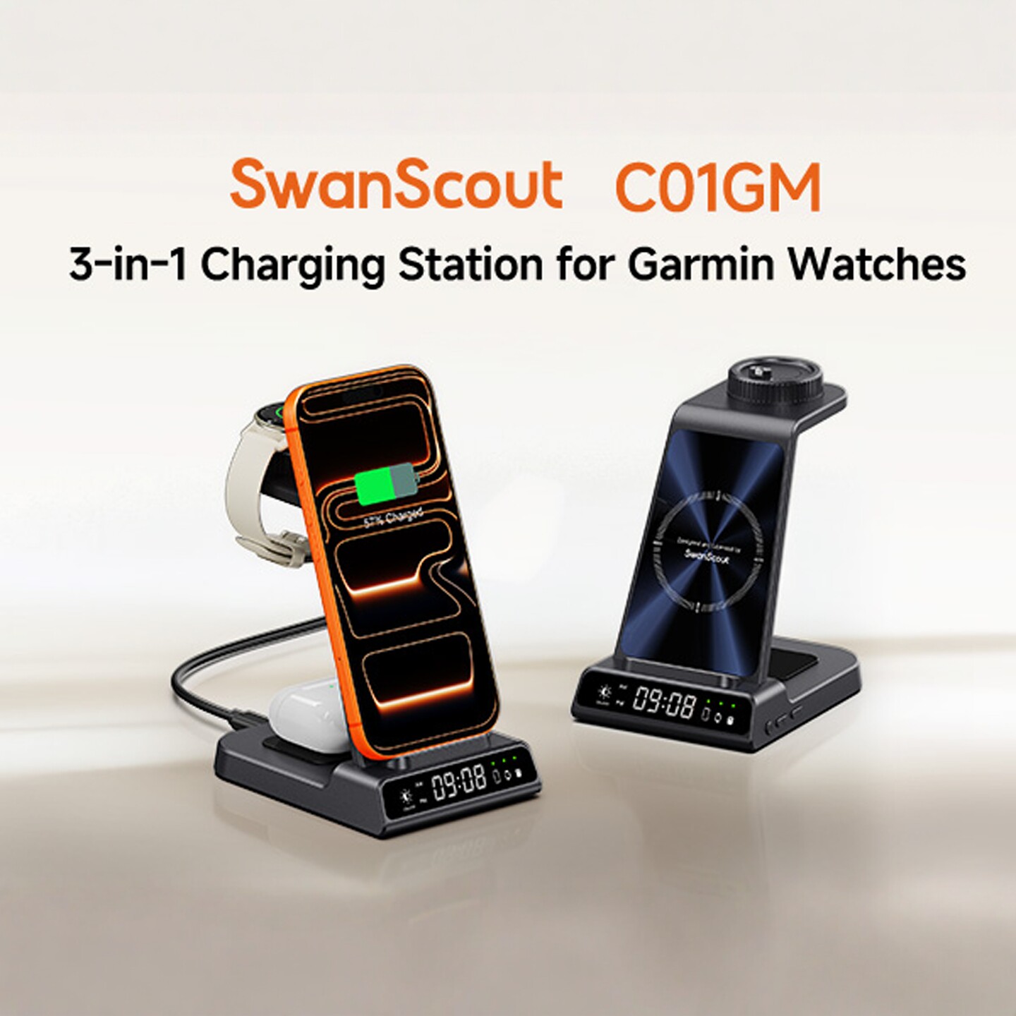 白鹄SwanScout C01GM 适用于支持无线充电苹果华为三星系列手机 Garmin 佳明手表耳机时钟三合一无线充电支架