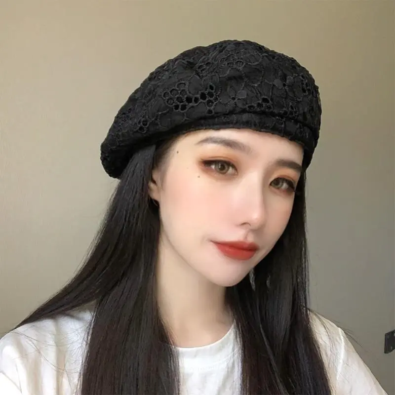 韩国蕾丝贝雷帽子女日系春夏季时尚透气百搭街头潮蓓蕾画家帽