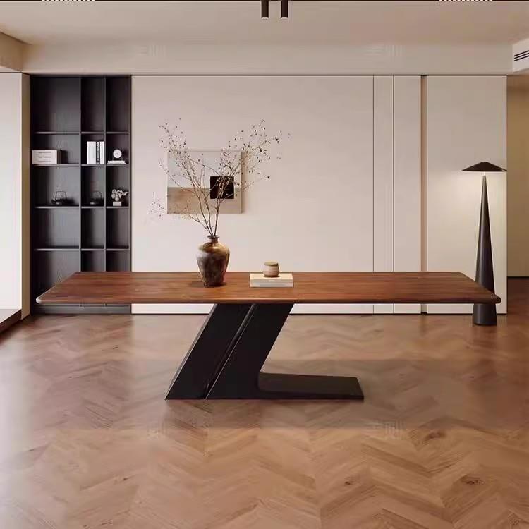 北欧中古风黑胡桃木餐桌家用客厅长桌设计款实木办公桌书桌茶桌