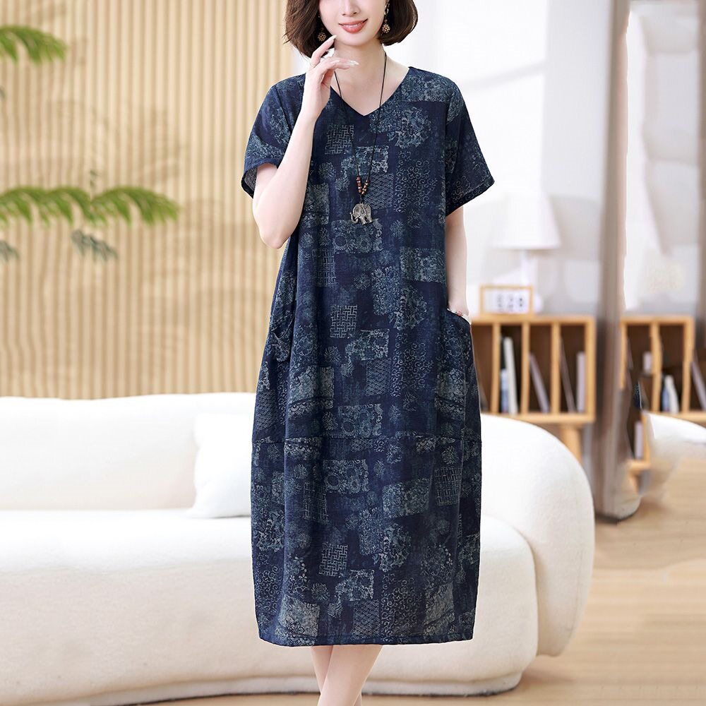 深圳南油高端女装棉麻连衣裙女中长款2024夏季新款感妈妈休闲大码