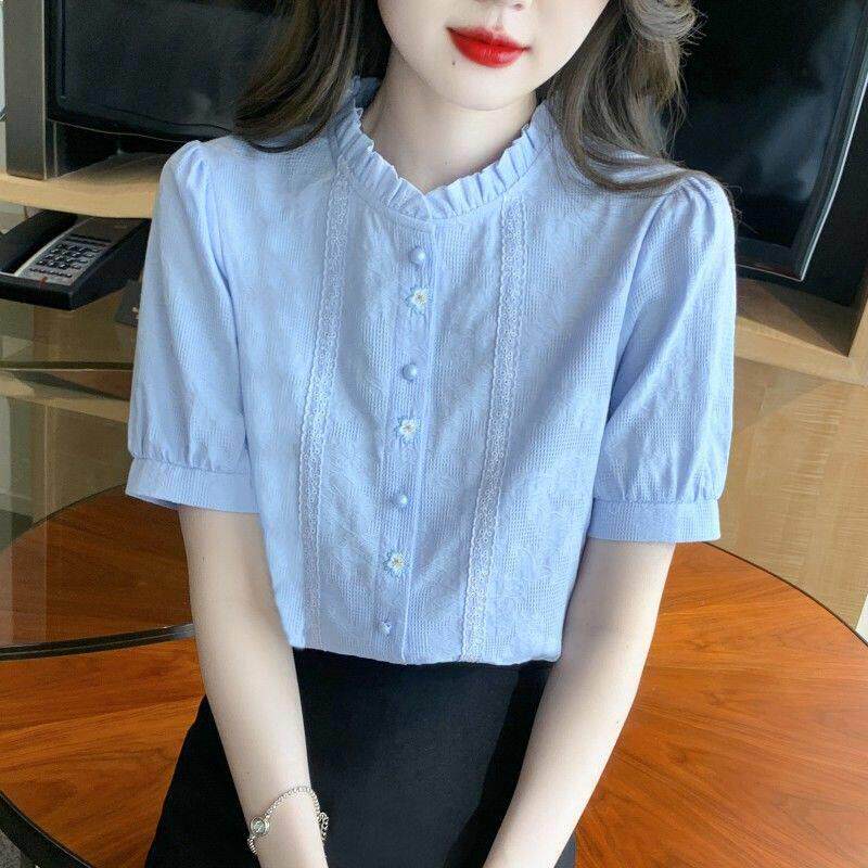 广东普宁衬衣女夏季2026年新款立领洋气气质提花刺绣时尚上衣短袖
