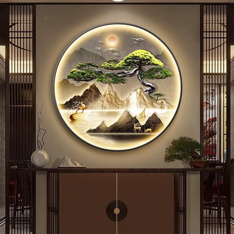 迎客松玄圆形关新装饰画中式灯画饭店入户挂画餐流水生财馆FHW壁图片