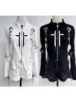 A light and shadow confinement black and white metallic subculture futuristic functional style spring and autumn thin stand-up collar slimming top thumbnail 7