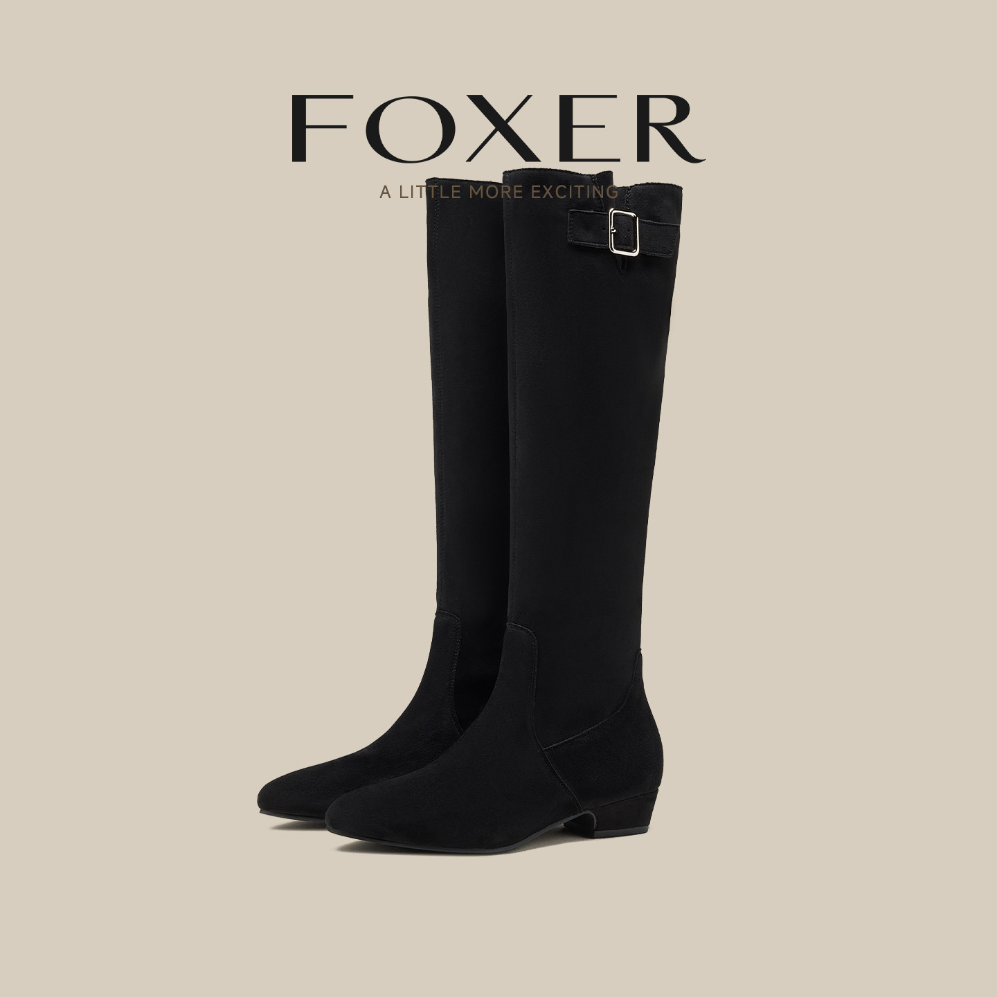 FOXER黑色绒面长筒靴子女款粗跟
