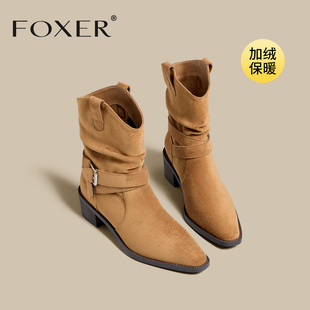 复古短靴女秋冬增高粗跟配裙子小个子中筒靴子显瘦绒面西部堆堆靴