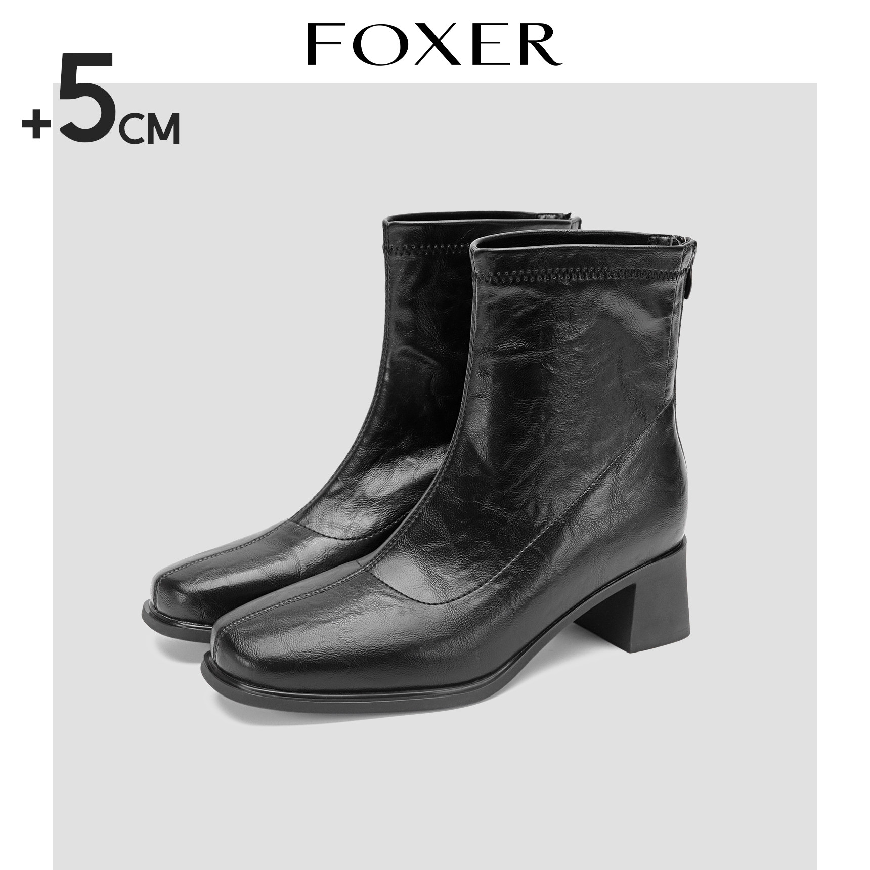 FOXER方头黑色切西尔靴女款粗跟