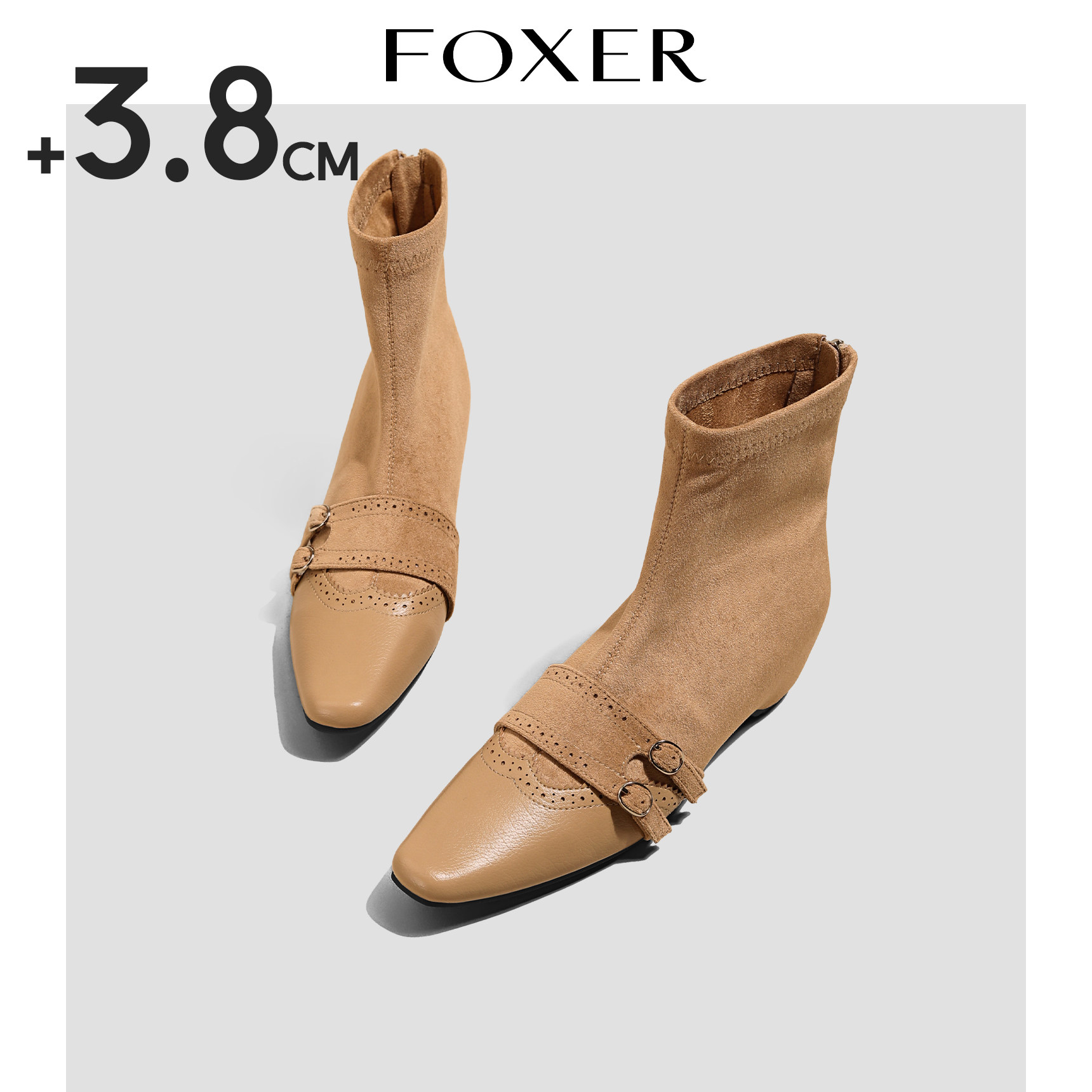 FOXER法式复古方头短靴女内增高