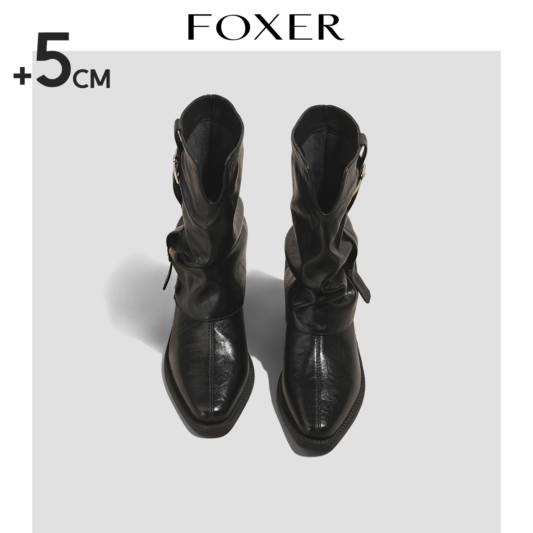 FOXER尖头粗跟中筒靴女复古英伦