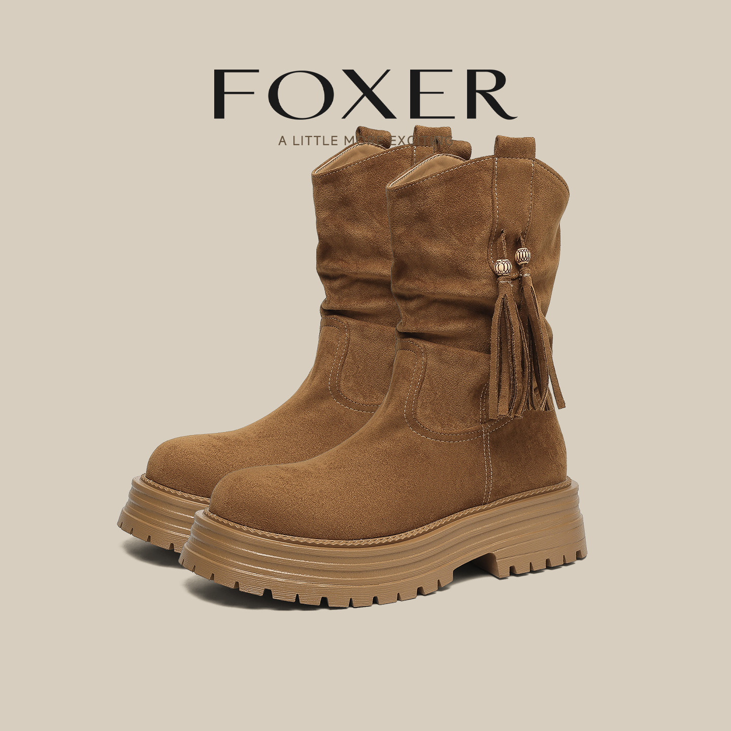 FOXER复古粗跟堆堆靴女流苏中筒