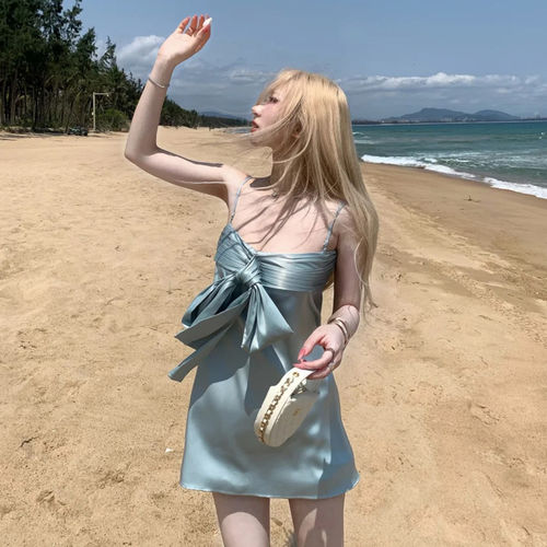 THE AIER短裙吊带性感连衣裙甜度假小个子女夏辣妹蓝色海边缎面风