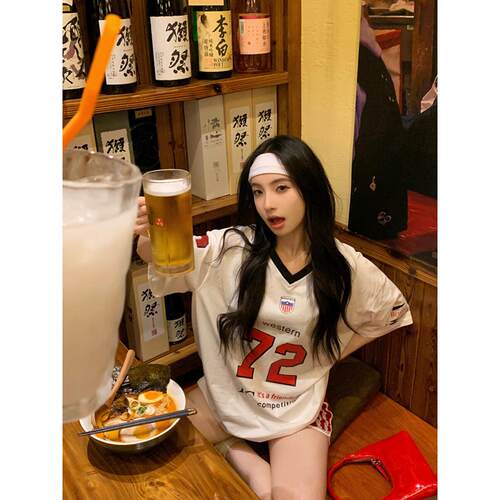 THE AIER短袖上衣感休闲篮球服白色运动慵懒新款松弛撞色恤女黑t