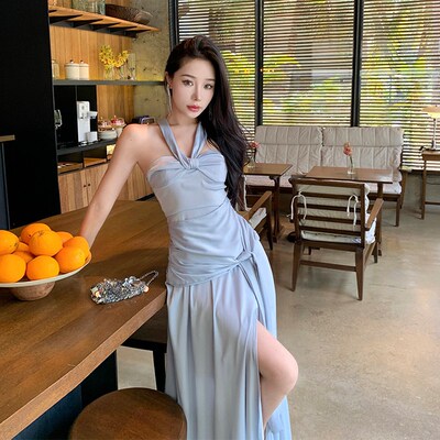 速发海边度假性感露肩挂脖长款开叉连衣裙礼服裙宴会气质高级感长